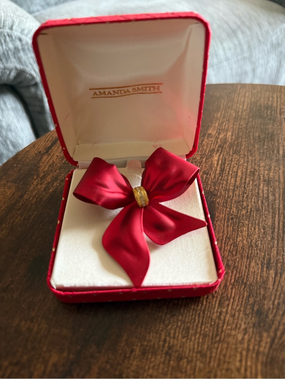 Amanda Smith Red Satin Bow Brooch with Gold Center